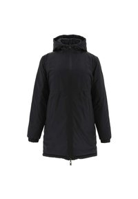 Zwarte geïsoleerde jack met een rits aan de voorkant, capuchon, elastische manchetten en twee zijzakken. Gladde stof met een iets glanzende afwerking.