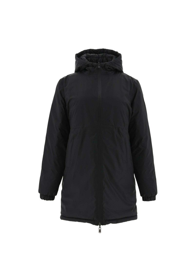 Zwarte geïsoleerde jack met een rits aan de voorkant, capuchon, elastische manchetten en twee zijzakken. Gladde stof met een iets glanzende afwerking.