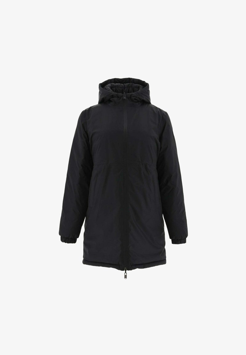 Zwarte geïsoleerde jack met een rits aan de voorkant, capuchon, elastische manchetten en twee zijzakken. Gladde stof met een iets glanzende afwerking.