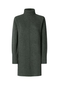 Abito in maglia verde scuro con un colletto alto a coste e maniche lunghe. Presenta polsini e orlo a coste, offrendo un finish testurizzato.