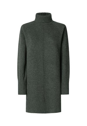 Vestido suéter de punto en verde oscuro, con cuello alto acanalado y mangas largas. Presenta puños y dobladillo acanalados, ofreciendo un acabado texturizado.