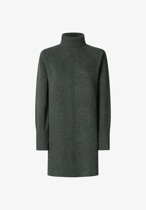 Tmavozelené pletené šaty s vysokým rebrovaným golierom a dlhými rukávmi. Majú rebrované manžety a lem, čím poskytujú textúrovaný vzhľad.