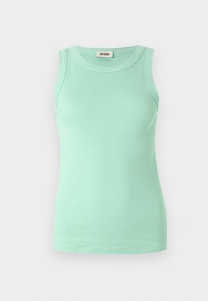 Mint green sleeveless top made of ribbed fabric with a round neckline and a fitted design. Tag visible at the neckline.