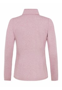 Maglietta a maniche lunghe di colore rosa chiaro con colletto, realizzata in un tessuto testurizzato. Presenta cuciture piatte e un orlo curvo sul retro.