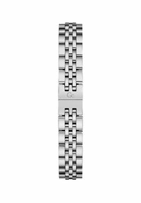 Bracciale in acciaio inossidabile argentato con maglie rettangolari collegate e finitura lucida, dotato di una chiusura con logo impresso.