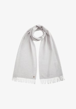 Écharpe en laine gris clair avec des bords à franges, pliée en boucle, montrant un petit logo brodé près du bas.