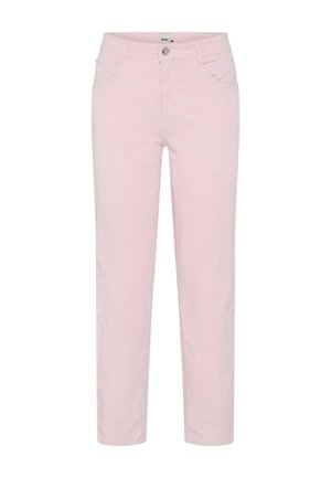 Pantalon décontracté pour femmes de couleur rose clair avec bouton frontal et poches, coupe droite et passants pour ceinture.