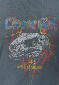 Harmaa t-paita, jossa on teksturoitu dinosauruksen grafiikka, sininen "Clever Girl" -teksti sekä punaiset ja keltaiset salama-akcentit; kulunut vintage-tyyli.