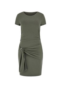 Short-sleeve, olive green dress made of soft fabric. Features a knotted side detail and a fitted silhouette. Smooth texture, classic crew neckline.