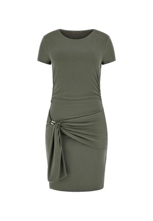 Short-sleeve, olive green dress made of soft fabric. Features a knotted side detail and a fitted silhouette. Smooth texture, classic crew neckline.