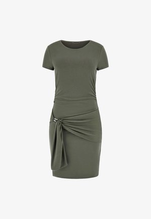 Short-sleeve, olive green dress made of soft fabric. Features a knotted side detail and a fitted silhouette. Smooth texture, classic crew neckline.