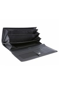 Portefeuille en cuir noir avec plusieurs emplacements pour cartes, une fenêtre pour carte d'identité en mesh et des compartiments pour billets, doté d'une fermeture à bouton pression. Intérieur texturé.