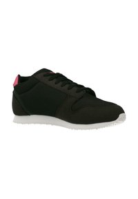 Sneaker nere con tomaia in tessuto texturizzato, suola in gomma bianca e dettagli rosa sul tallone. Punta arrotondata e design tradizionale con lacci.
