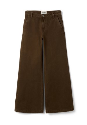 Braune Hose mit weitem Bein, Fronttaschen, Gürtelschlaufen und einem Knopf- und Reißverschluss, mit dem Label Stefanel am Bund.
