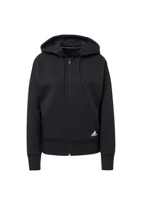 Sweat à capuche noir zippé avec poches à l'avant, capuche avec cordon, poignets côtelés et petit logo blanc Adidas en bas à gauche.
