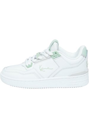 White sneaker with mint green accents, featuring a smooth leather upper, mesh tongue, lace closure, and textured rubber outsole.