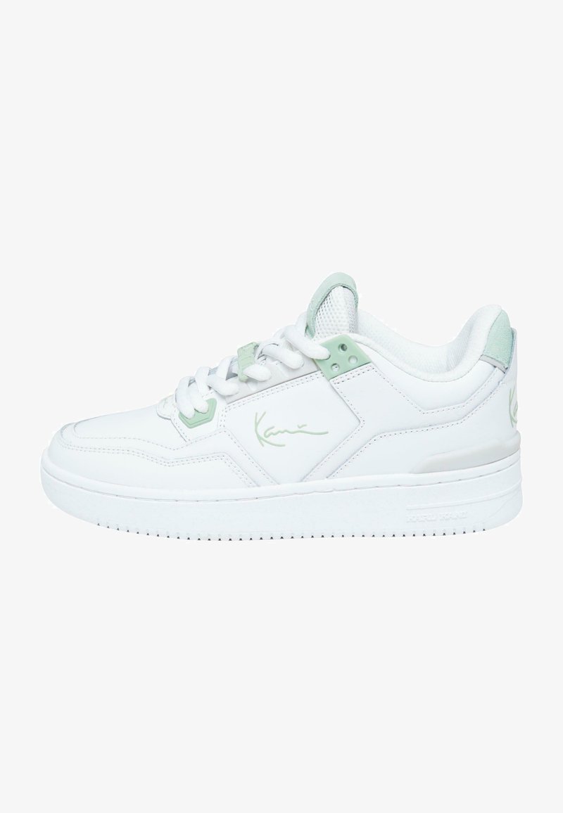 White sneaker with mint green accents, featuring a smooth leather upper, mesh tongue, lace closure, and textured rubber outsole.