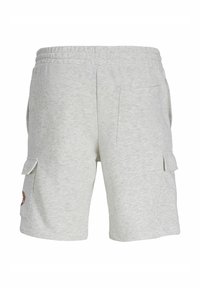 Svetlosivé ležérne kraťasy s elastickým pásom, zadným náprsným vreckom a klopovými vreckami na oboch stranách.
