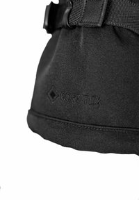 Schwarze Gore-Tex-Hülle mit glatter Textur, ausgestattet mit einer genähten Naht und einem geprägten Logo. Verstellbarer Riemen an der Oberseite sichtbar.