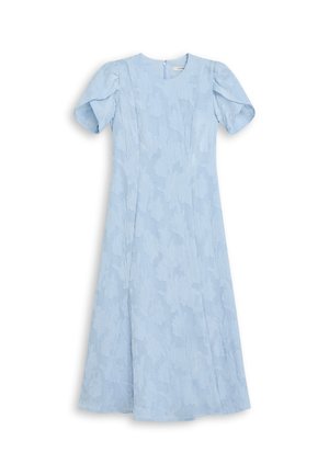 Hellblaues Kleid mit kurzen Puffärmeln, strukturiertem floralen Muster, rundem Halsausschnitt und einem Reißverschluss im Rücken. A-Linie Silhouette.