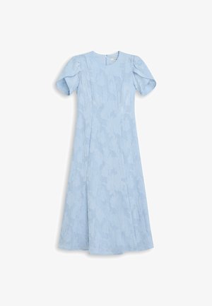 Abito azzurro chiaro con maniche a sbuffo corte, motivo floreale testurizzato, scollatura rotonda e chiusura con zip sulla schiena. Siluetta a forma di A.