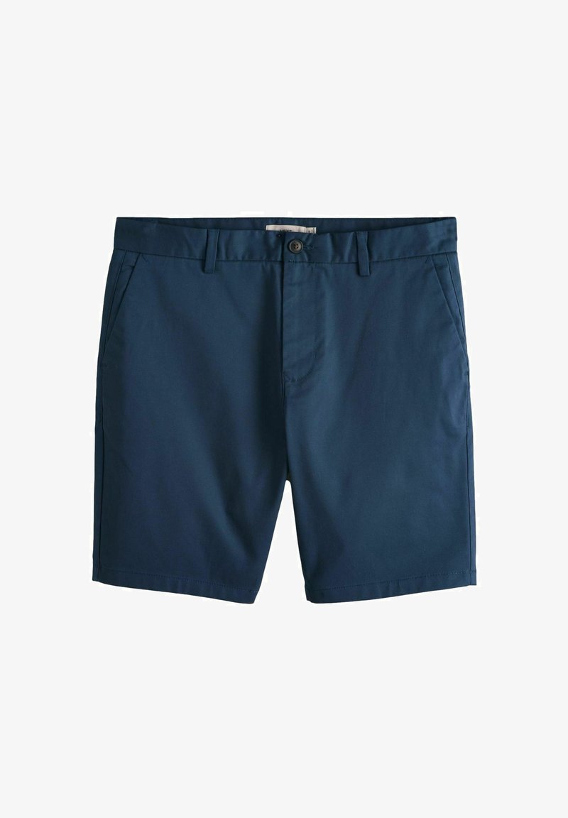 Shorts pour hommes bleu marine, coupe ajustée, avec passants pour ceinture, poches latérales, et une fermeture à bouton à la taille.