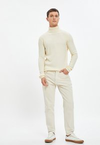 Cremfarbener, gerippter Rollkragensweater kombiniert mit hellbeigen Hosen und weißen Sneakern mit braunen Akzenten. Minimalistisches und tailliertes Design.