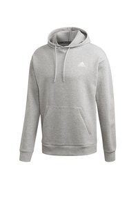 Sudadera de felpa gris con capucha ajustable, bolsillo frontal y logo blanco en el pecho. Presenta puños y dobladillo acanalados. Textura suave.