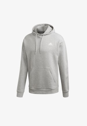 Felpa grigia in pile con cappuccio regolabile, tasca frontale e logo bianco sul petto. Presenta polsini e orlo a costine. Texture morbida.