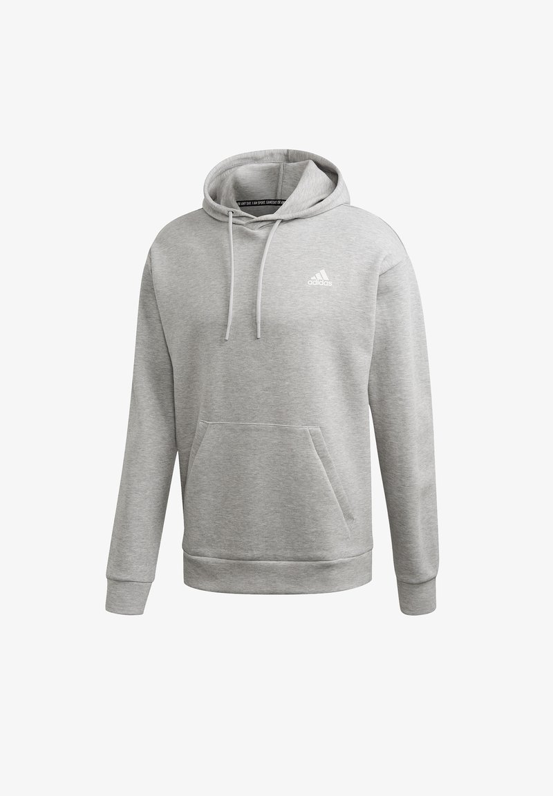 Grauer Fleece-Hoodie mit Kapuze und Zugband, Fronttasche und weißem Logo auf der Brust. Mit gerippten Bündchen und Saum. Weicher Stoff.