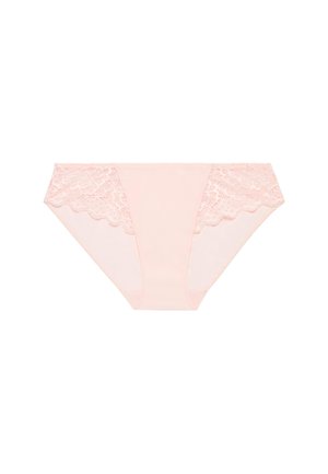 Hellrosa Unterwäsche mit Spitzenverzierung an den Seiten, verfügt über eine glatte Stoffstruktur und ein Design mit mittlerer Leibhöhe.