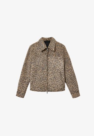 Leopard print jacket made of textured fabric, featuring a collared neck, front zip closure, and two side pockets. Color palette includes brown and black.
