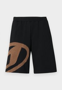 Pantalones cortos negros con cintura elástica y un gran diseño abstracto marrón en la pierna izquierda, con bolsillos laterales.