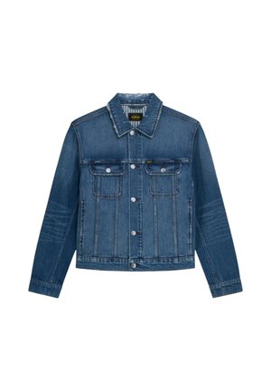 Giacca di jeans blu con chiusura frontale a bottoni, due tasche con patta sul petto, maniche lunghe e colletto.