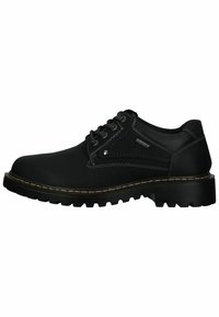 Scarpe stringate in pelle nera con cuciture a contrasto, collo imbottito e suola in gomma resistente con profondi intagli per una migliore aderenza.