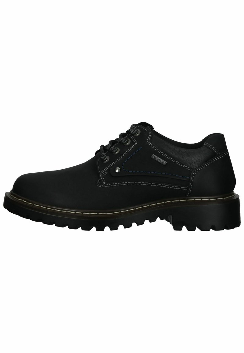 Scarpe stringate in pelle nera con cuciture a contrasto, collo imbottito e suola in gomma resistente con profondi intagli per una migliore aderenza.