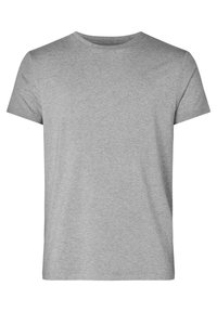 Gray cotton t-shirt with a classic crew neck, soft texture, short sleeves, and a simple, unadorned design. No graphics or patterns.