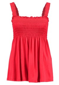 Röd, ärmlös topp med smockad båge och utsvängd nederdel. Mjuk tyg, elastiska axelremmar och texturerad detalj längs halsringningen.