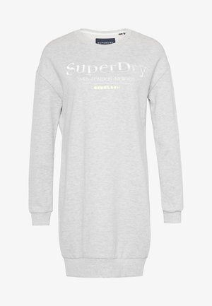 Jasnoszara sukienka-bluza z długim rękawem z logo "SuperDry", nazwami miast Paryż, Londyn, Nowy Jork oraz japońskim napisem na piersi.