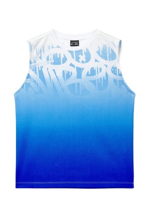 Top senza maniche con sfumatura blu e motivi in stile graffiti bianco, con scollo tondo, etichettato Terranova, design casual streetwear.