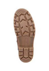 Semelle extérieure brune avec un motif de semelle texturé mettant en avant un matériau en caoutchouc durable. Présente des logos et des symboles près de la zone du talon pour plus d'adhérence et de confort.
