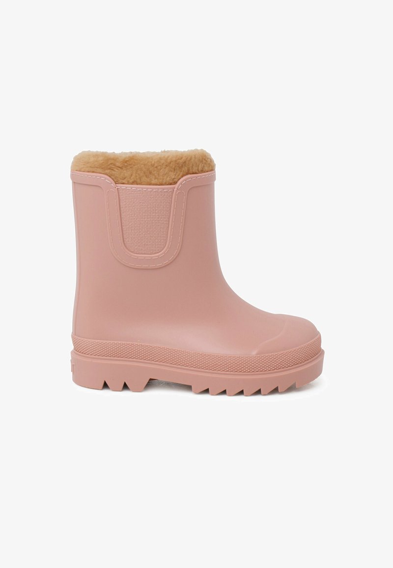 Rosa Gummiregenstiefel mit strukturierter Oberfläche, Fleeceinnenfutter und profiliertem Sohlen. Verfügt über eine abgerundete Zehenpartie und gepolsterte Knöchel.