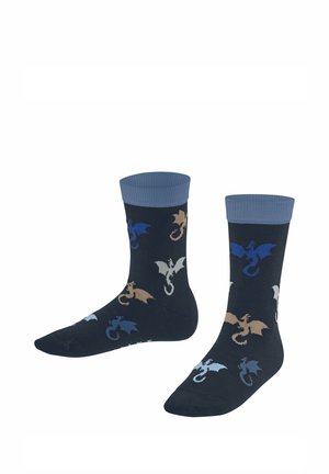 Donkerblauwe sokken met lichtblauwe boorden met een patroon van kleine draken in blauw, beige en wit in verschillende houdingen.