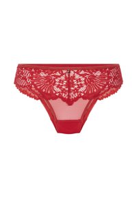 Rode kanten dames bikini onderbroek met bloemenpatronen en een klein decoratief sieraad in het midden van de voorkant van de tailleband.
