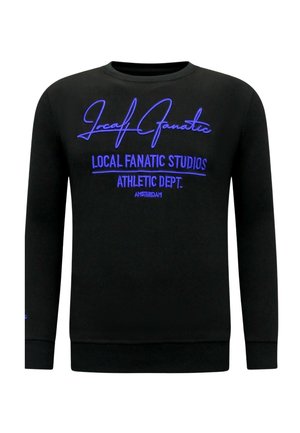 Zwarte sweater van katoen, met levendige blauwe geborduurde tekst: "Local Fanatic Studios Athletic Dept. Amsterdam." Klassiek ontwerp met ronde hals.
