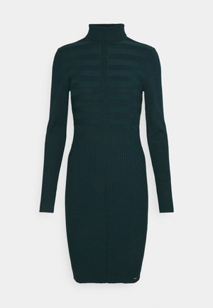 Robe en maille vert foncé à manches longues, texture côtelée, col roulé et motif à rayures horizontales sur la partie supérieure de la poitrine et les manches.