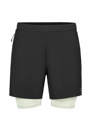 Zwarte atletiekshorts met ingebouwde lichtgrijze compressieshorts die onder de zoom uitsteken, elastische tailleband en zijritszak.