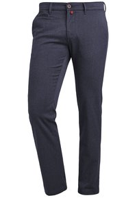 Mörkblå slim-fit herrbyxor med knappstängning, bältesöglor och sidfickor, visade mot en vit bakgrund.