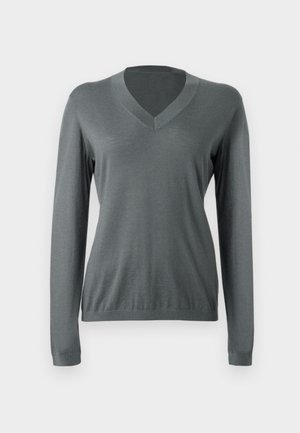 Γκρι πουλόβερ με μακριά μανίκια και V-λαιμόκοψη, κατασκευασμένο από λείο ύφασμα. Διαθέτει εφαρμοστά μανίκια και ριμπ τελείωμα στο κάτω μέρος.