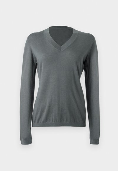 Γκρι πουλόβερ με μακριά μανίκια και V-λαιμόκοψη, κατασκευασμένο από λείο ύφασμα. Διαθέτει εφαρμοστά μανίκια και ριμπ τελείωμα στο κάτω μέρος.